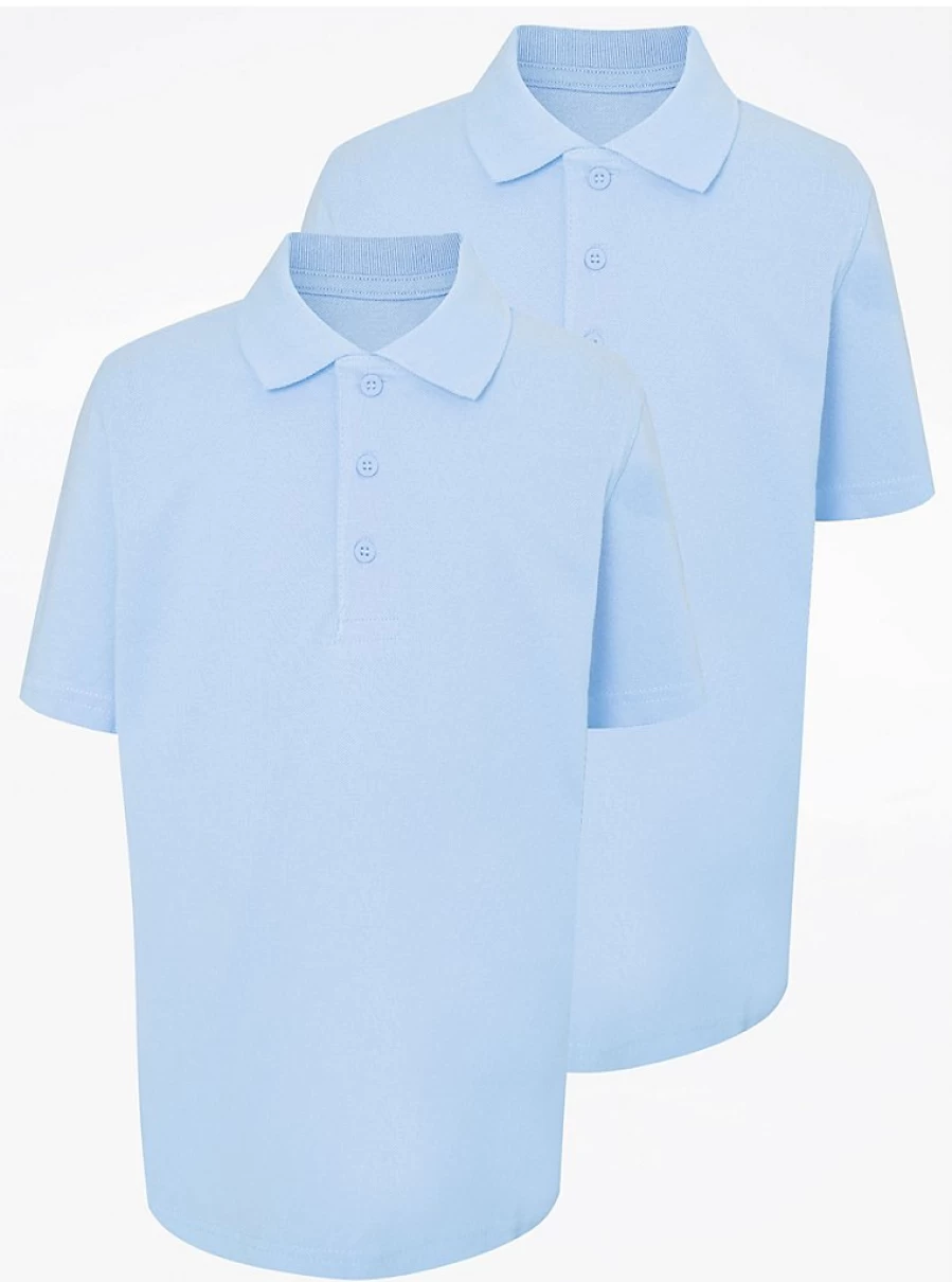 "George at Asda Light Blue Short Sleeve Polo Shirts 2-Pack for School Uniforms"
