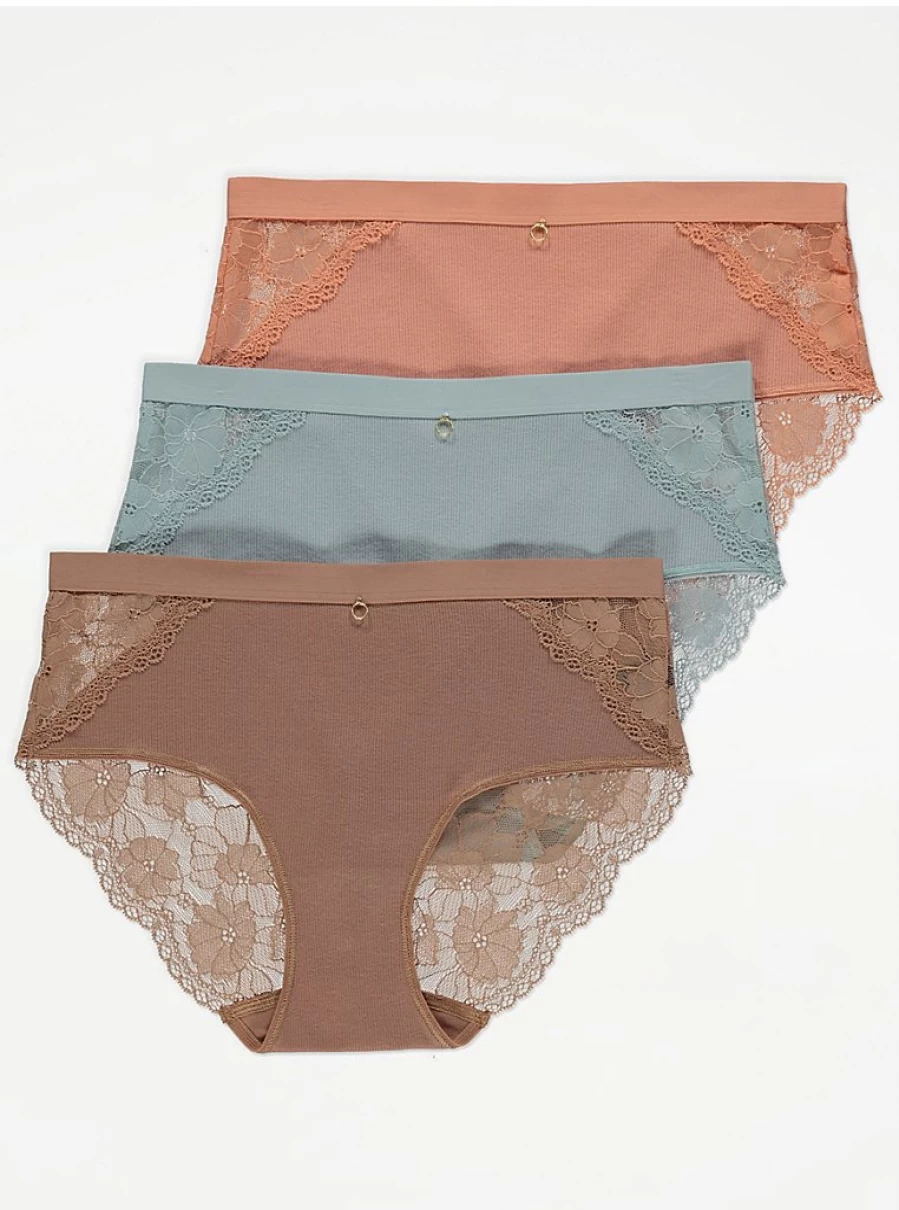 Pastel Ribbed Knickers 3 Pack with Lace Trim | George at Asda Soft Midi Underwear Set