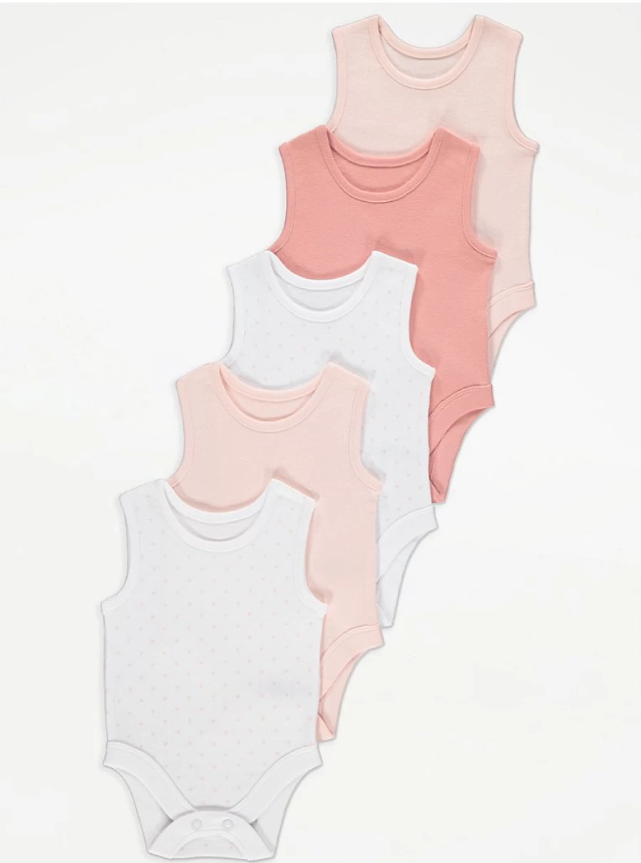 5 Pack Pink Heart Print Sleeveless Baby Bodysuits | George at Asda