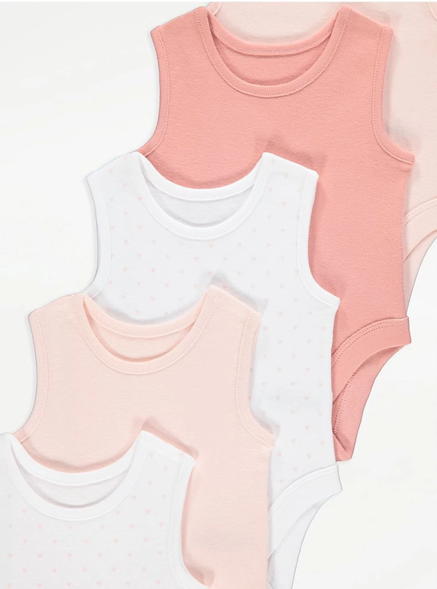 5 Pack Pink Heart Print Sleeveless Baby Bodysuits | George at Asda
