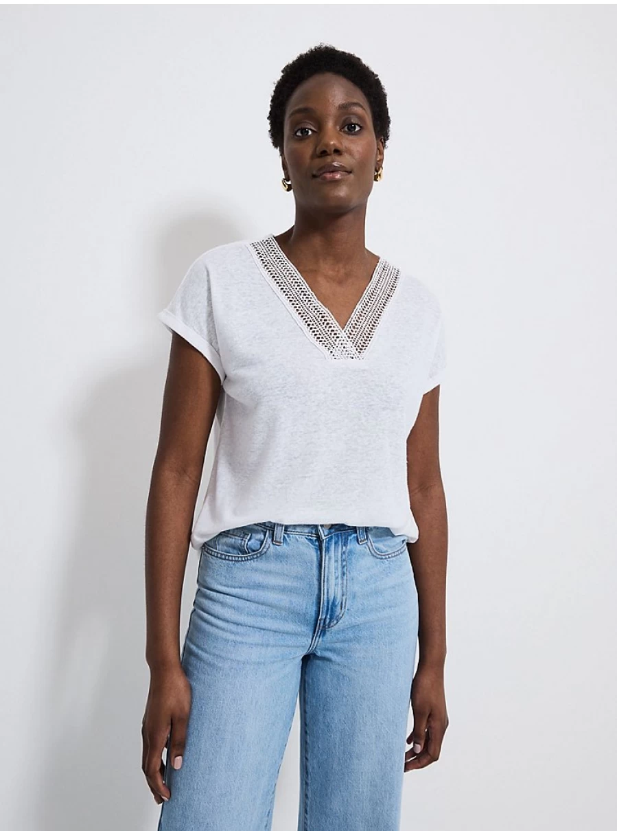 "George at Asda Women's White Crochet Linen Blend V-Neck Top – Comfortable & Stylish"