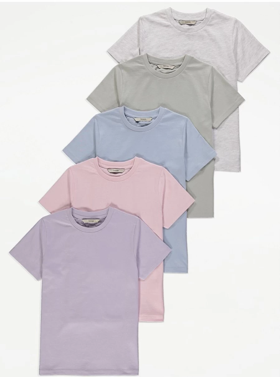 "George at Asda Girls Pastel Jersey 5-Pack T-Shirts | Soft Cotton Kids Tees"