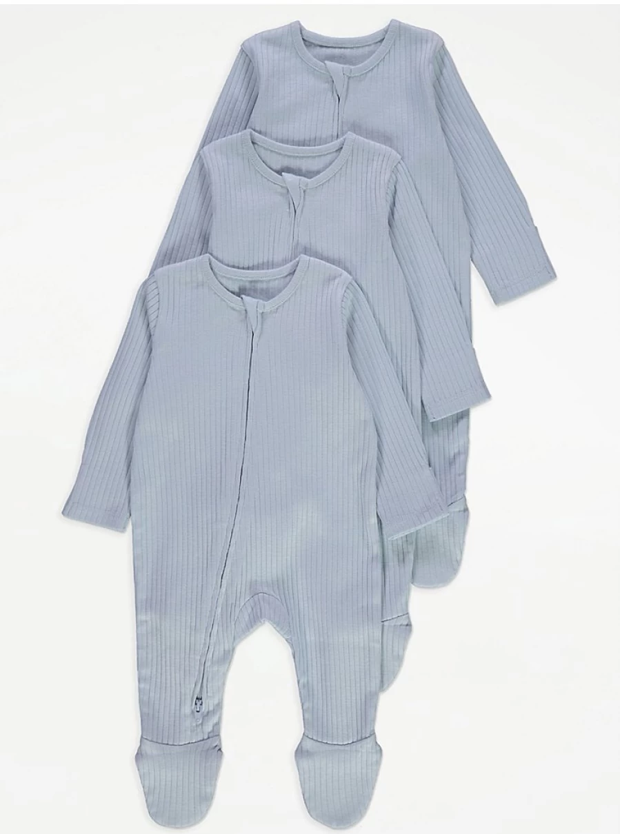 "George at Asda Baby Pale Blue Ribbed Sleepsuits 3-Pack | Soft Cotton Pajamas for Infants"