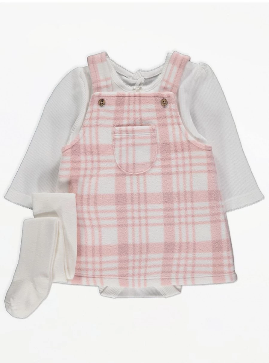 "George at Asda Baby Girls' Pink Check Pinafore Dress with Bodysuit and Tights Set"