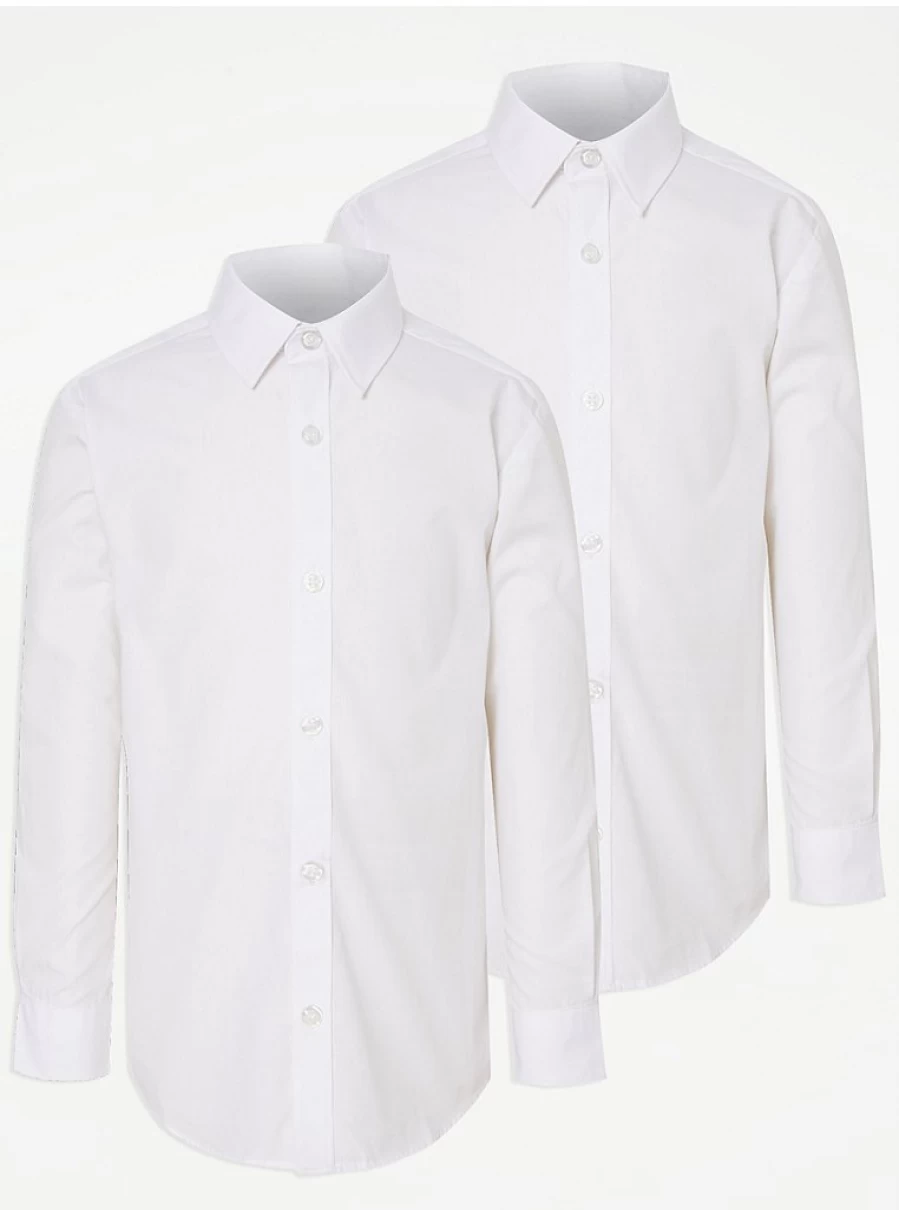 "George at Asda Boys' 2-Pack White Slim Fit Long Sleeve School Shirts – Comfortable & Durable Uniform Essentials"