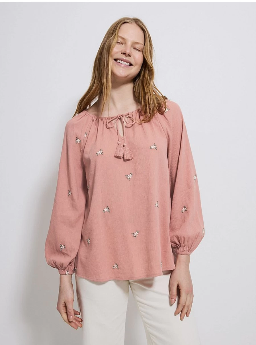 "George at Asda Women's Pink Floral Embroidered Blouse with Tie Neck and Long Sleeves"