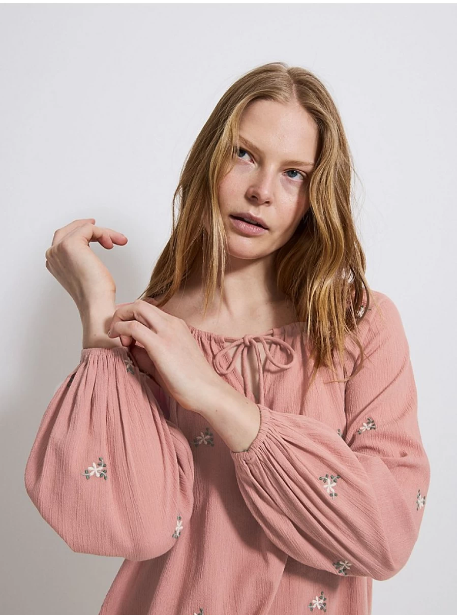 "George at Asda Women's Pink Floral Embroidered Blouse with Tie Neck and Long Sleeves"