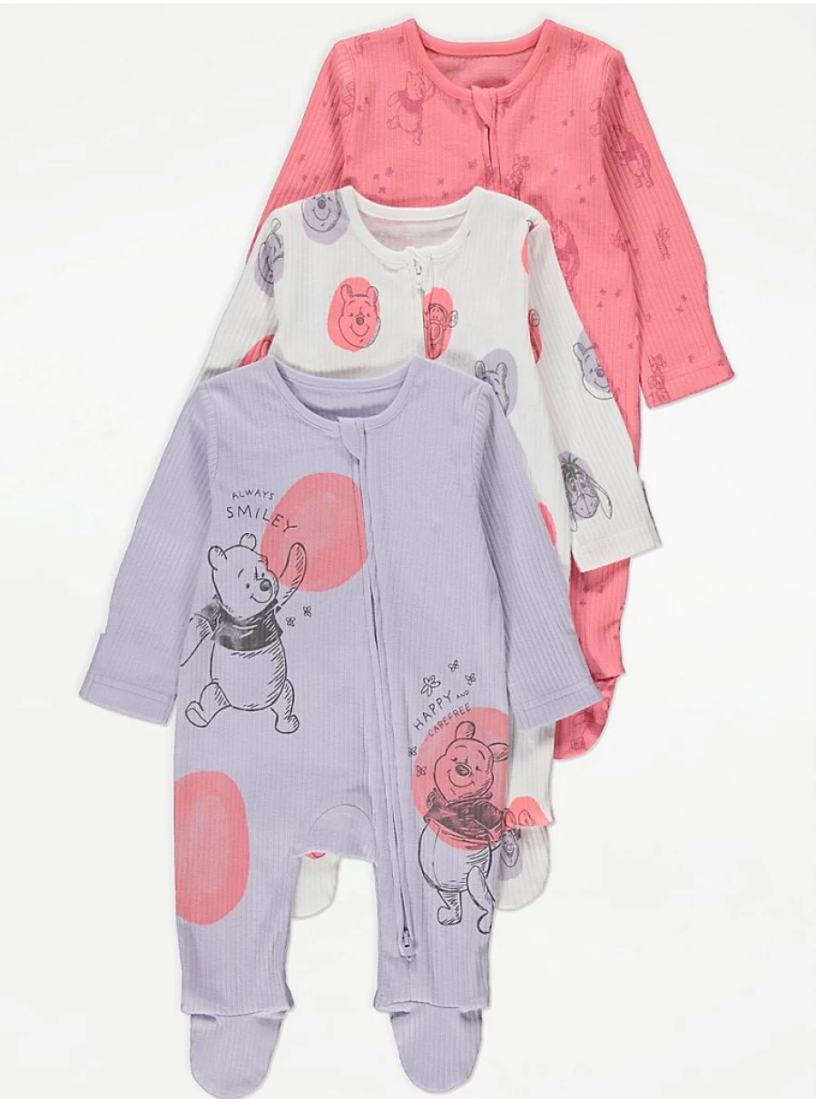 George at Asda Baby Winnie The Pooh 3-Pack Zip-Up Sleepsuits - Disney Fleece Ribbed Pajamas with 2-Way Zipper for Infants