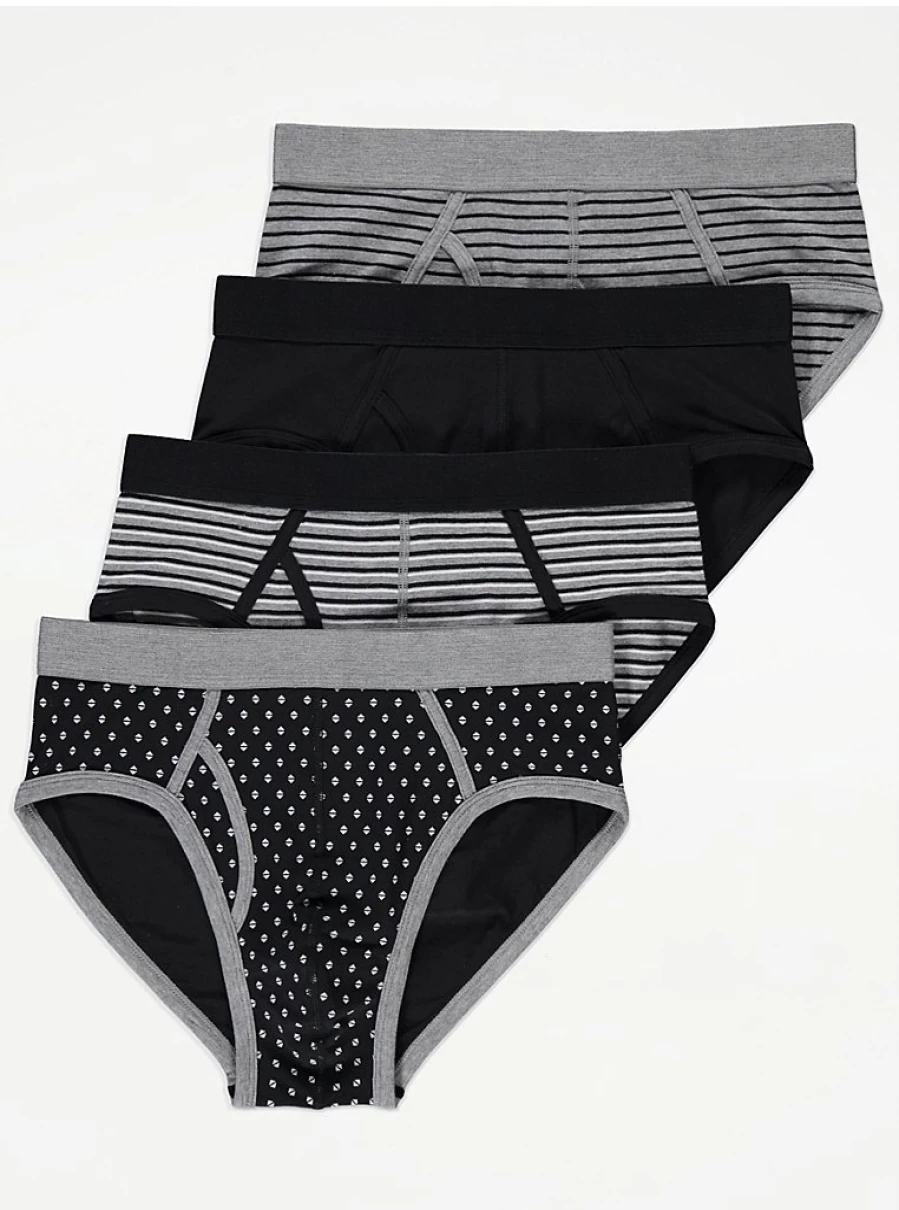 Men's Grey Patterned Briefs 4-Pack | Comfortable Cotton Underwear | George at Asda