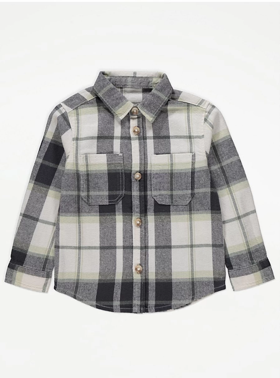 George at Asda Boys Grey Checked Long Sleeve Shirt - Comfortable Kids Casual Wear