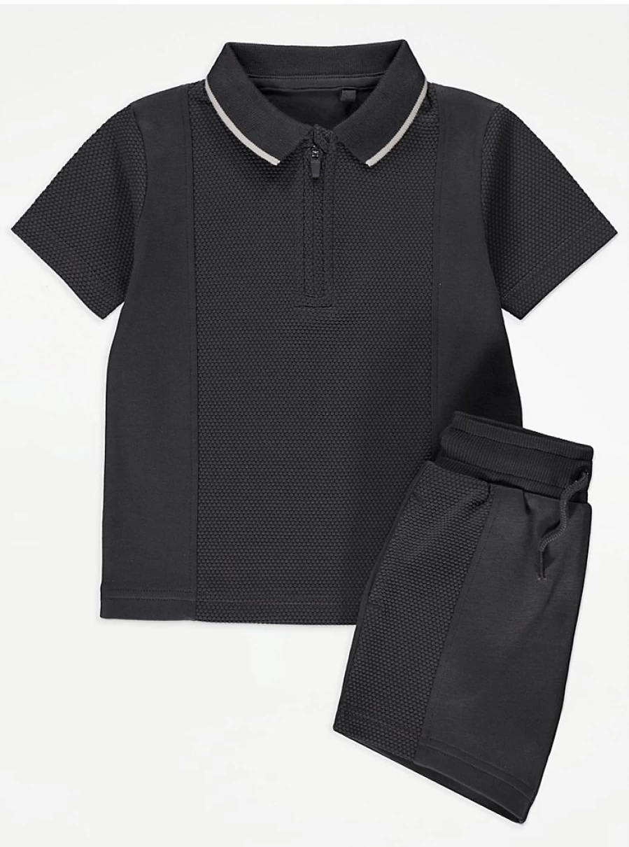 "George at Asda Boys' Charcoal Zip Panel Polo & Shorts Outfit Set – Kids' Casual Wear Review"