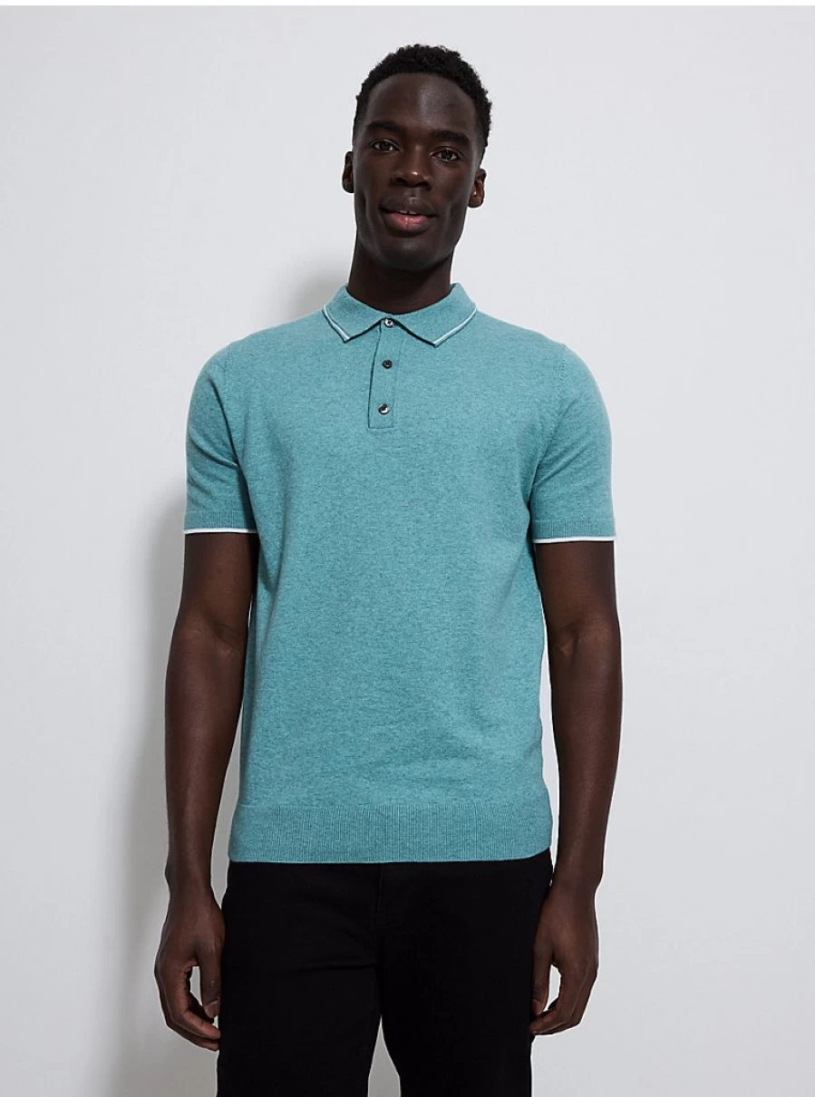 Men's Teal Short Sleeve Knitted Polo Shirt by George at Asda | Comfort & Style