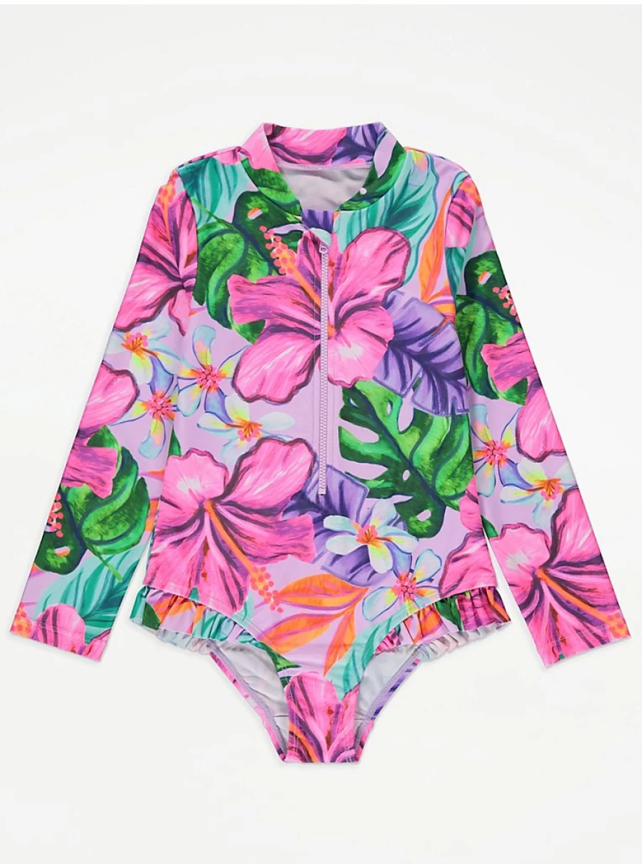 "George at Asda Girls' Bright Floral Long Sleeve Zip Front Swimsuit Reviews"
