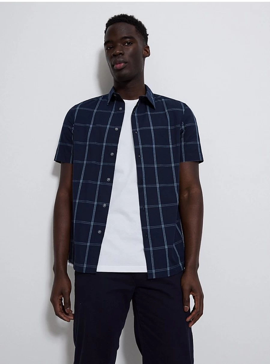 Men's Navy Checked Short Sleeve Shirt | George at Asda | Casual Summer Top