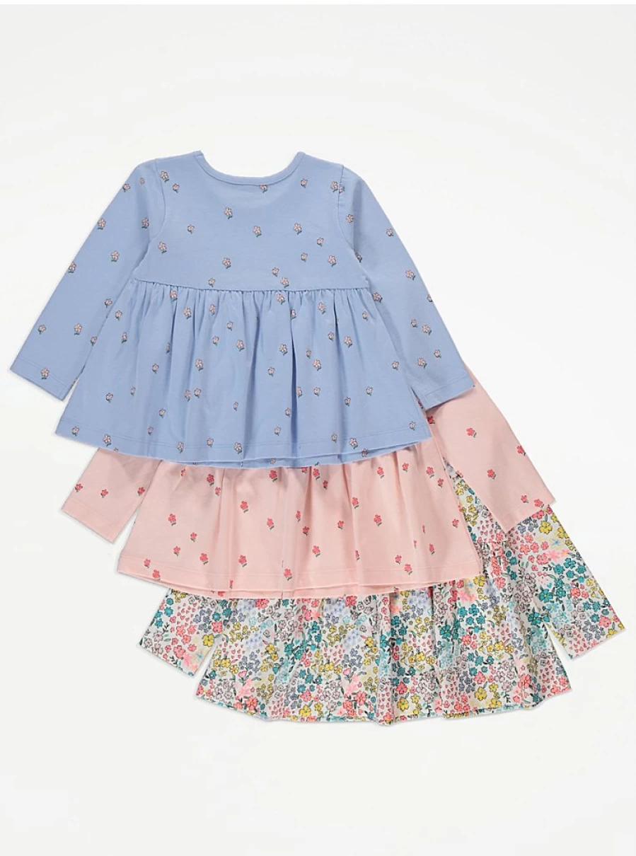 "George at Asda Girls' Ditsy Floral Long Sleeve Tops 3-Pack | Cute Kids' Blouses Set"