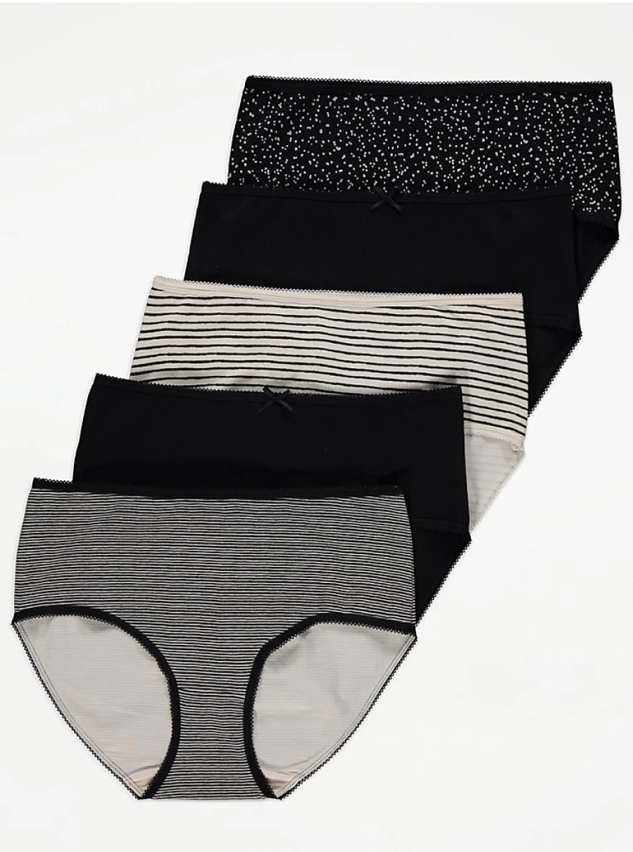 "George at Asda Black Striped Midi Knickers 5-Pack | Comfortable Lingerie Set | Women's Underwear"