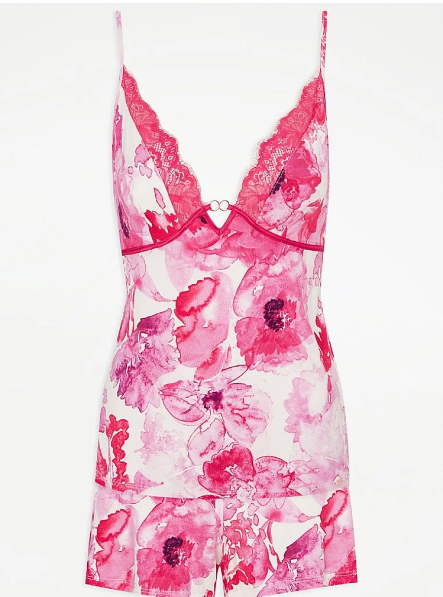 "George at Asda Women's Floral Short Cami Pyjama Set - Bright Pink Lingerie Sleepwear"