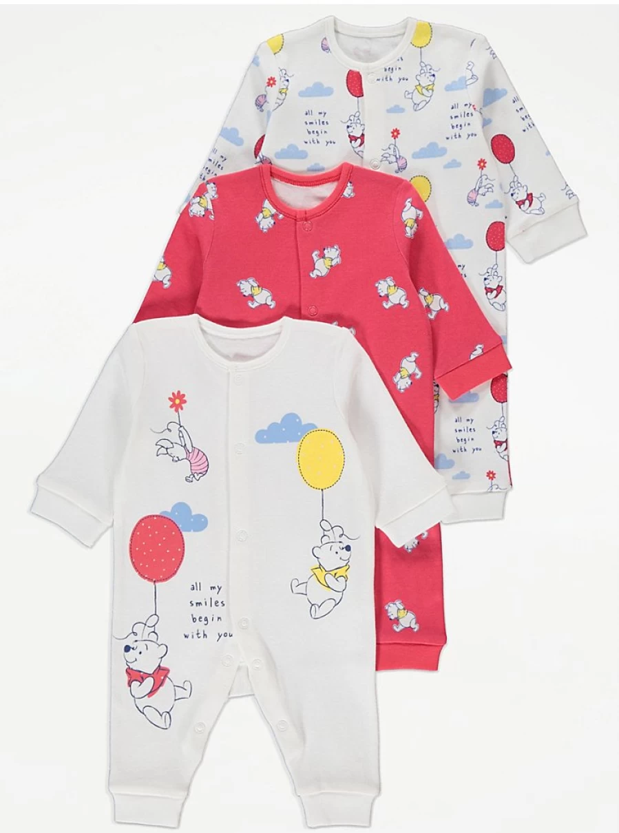 George at Asda Baby Winnie The Pooh 3-Pack Footless Sleepsuits - Soft Disney Character Pajamas for Infants