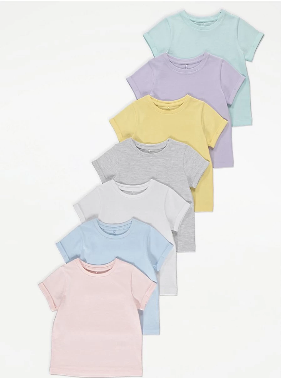 "George at Asda Girls Pastel T-Shirts 7 Pack | Soft Cotton Kids Tees"