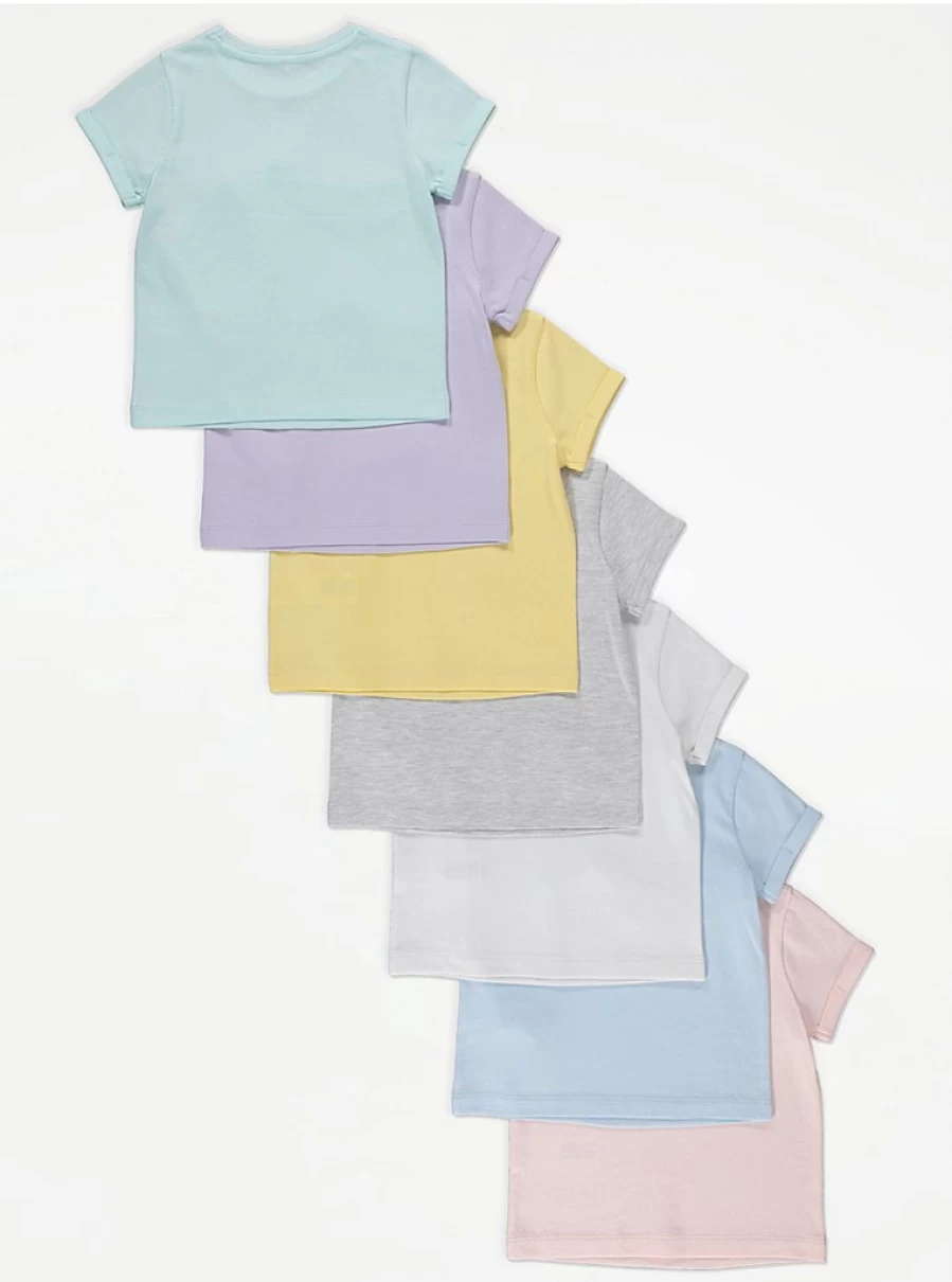 "George at Asda Girls Pastel T-Shirts 7 Pack | Soft Cotton Kids Tees"