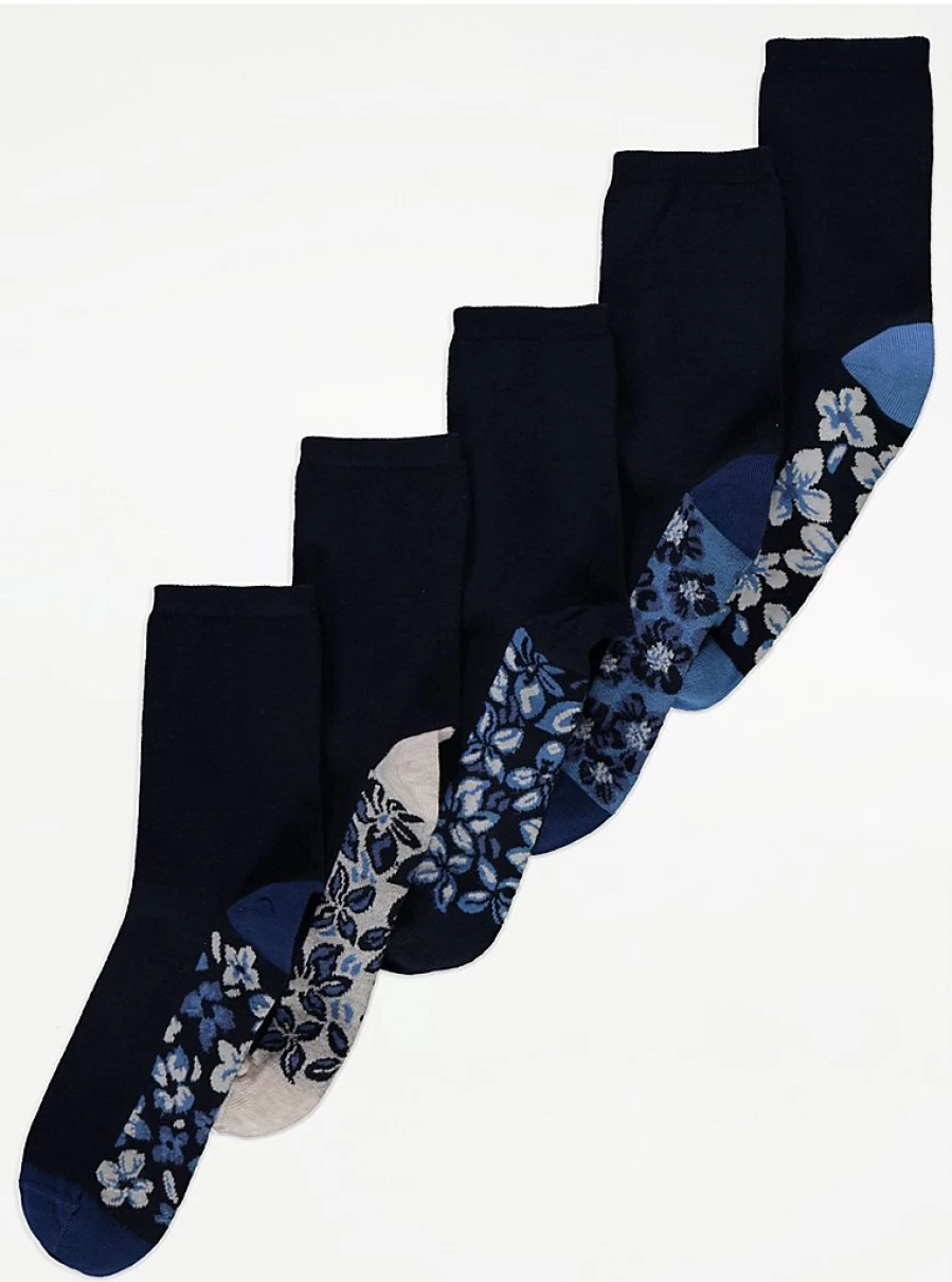 George at Asda Black Floral Ankle Socks 5 Pack - Women's Breathable Comfort Socks for Everyday Wear