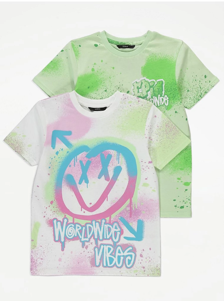 "George at Asda Boys' Graffiti Smiley Face T-Shirts 2-Pack for Kids"