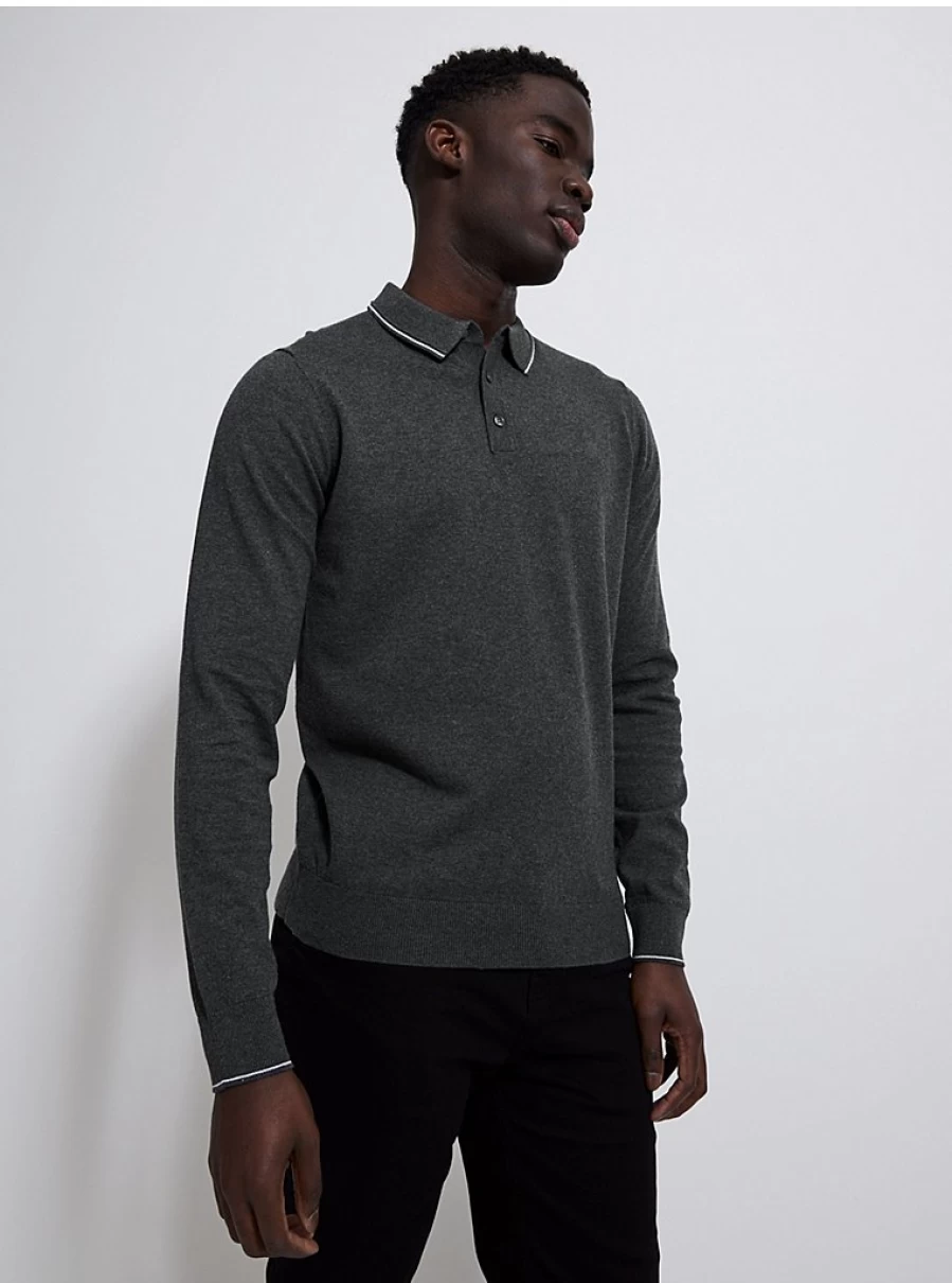 Men's Grey Long Sleeve Knit Polo Shirt | George at Asda | Comfort & Style