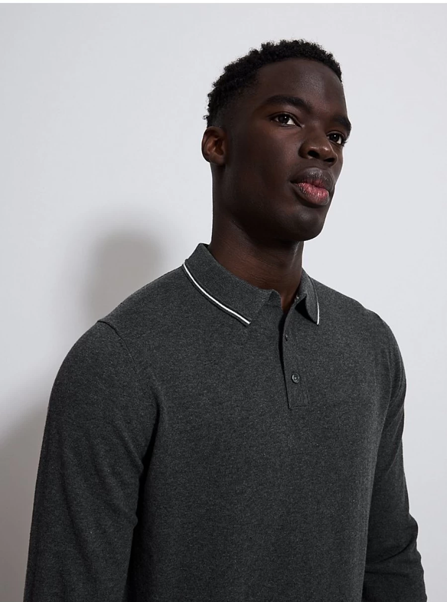 Men's Grey Long Sleeve Knit Polo Shirt | George at Asda | Comfort & Style