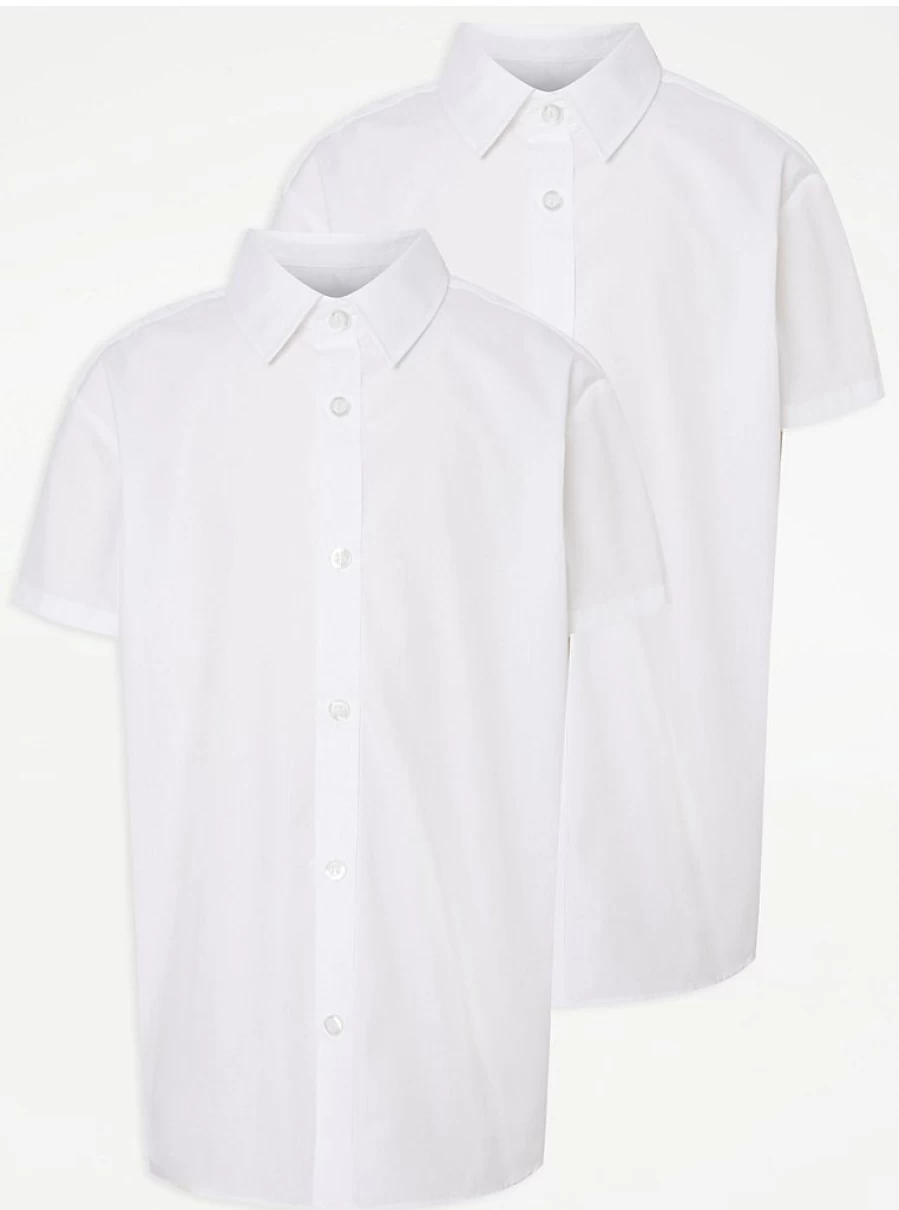 "George at Asda Boys' White Plus Fit Short Sleeve School Shirts 2-Pack – Comfortable & Durable Uniform Tops"