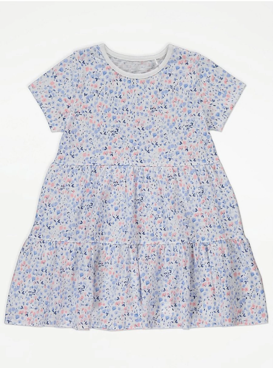 "George at Asda Girls' Blue Ditsy Floral Tiered Short Sleeve Dress – Comfortable & Stylish Kids' Dress"
