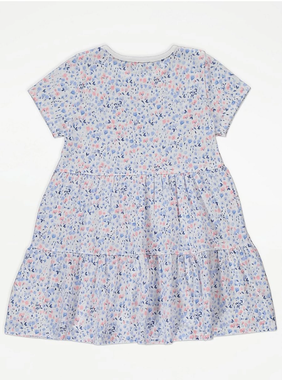 "George at Asda Girls' Blue Ditsy Floral Tiered Short Sleeve Dress – Comfortable & Stylish Kids' Dress"