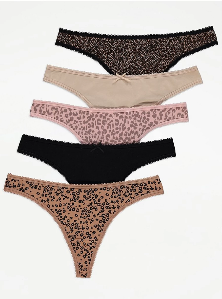 George at Asda Women's Animal Print Thong Underwear 5-Pack | Soft Comfortable Lingerie Set