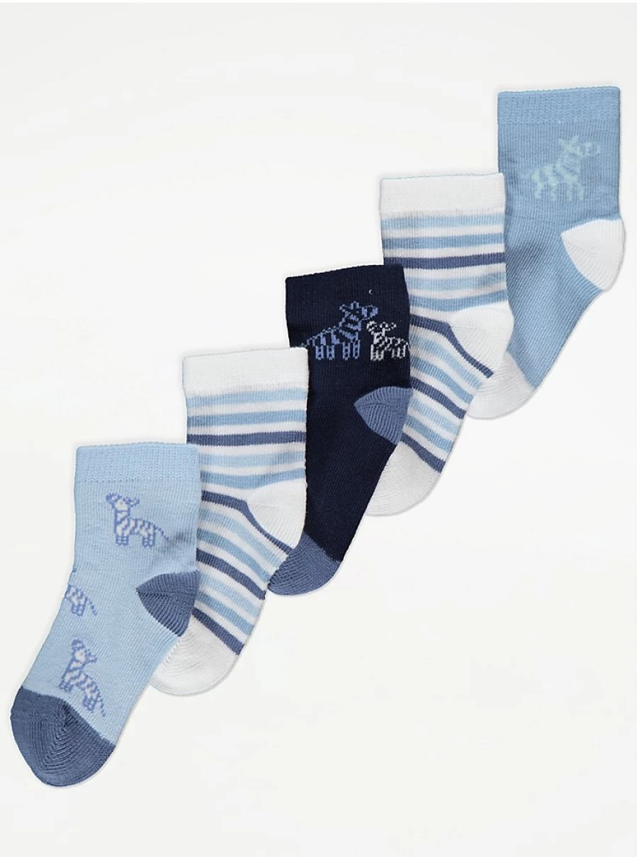 George at Asda Baby Blue Zebra Stripe Socks 5-Pack - Soft Cotton Crew Socks for Infants & Toddlers