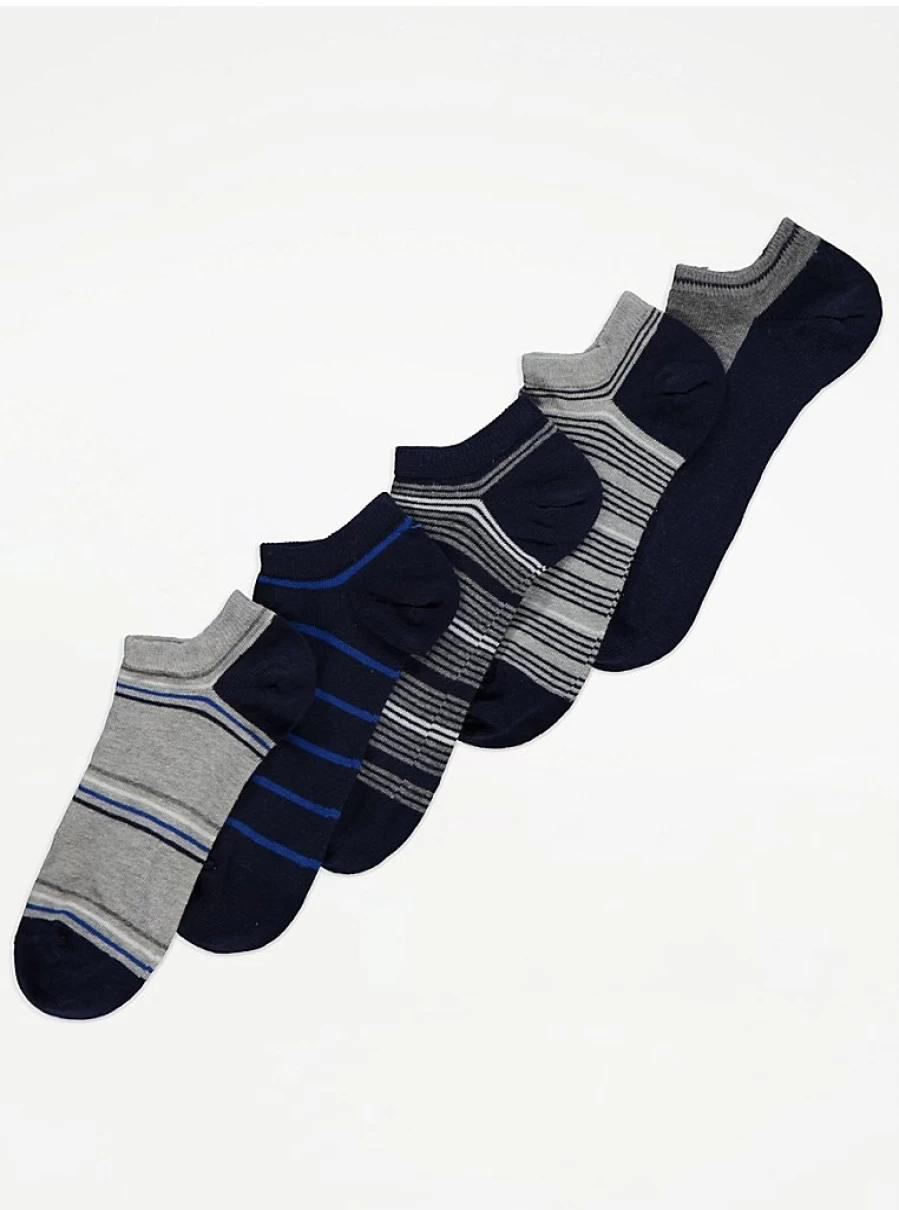 Men's Blue Striped Sports Trainer Liner Socks 5-Pack - George at Asda Comfort Fit Athletic Socks