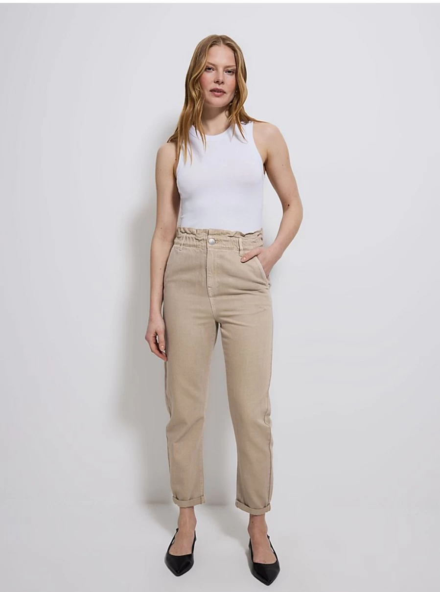 Women's Neutral Paper Bag Twill Trousers | Comfort Fit High Waist Pants | George at ASDA