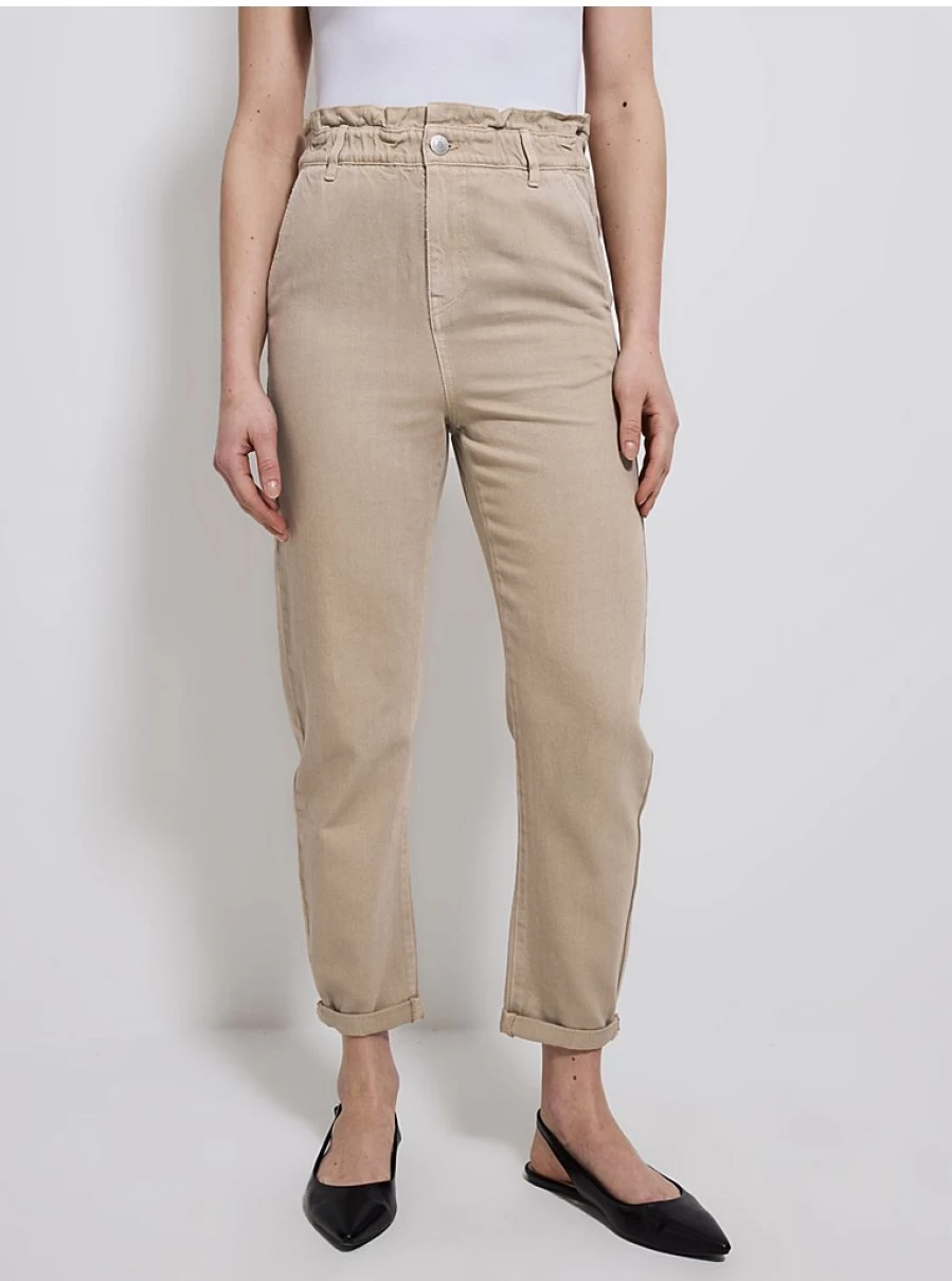 Women's Neutral Paper Bag Twill Trousers | Comfort Fit High Waist Pants | George at ASDA