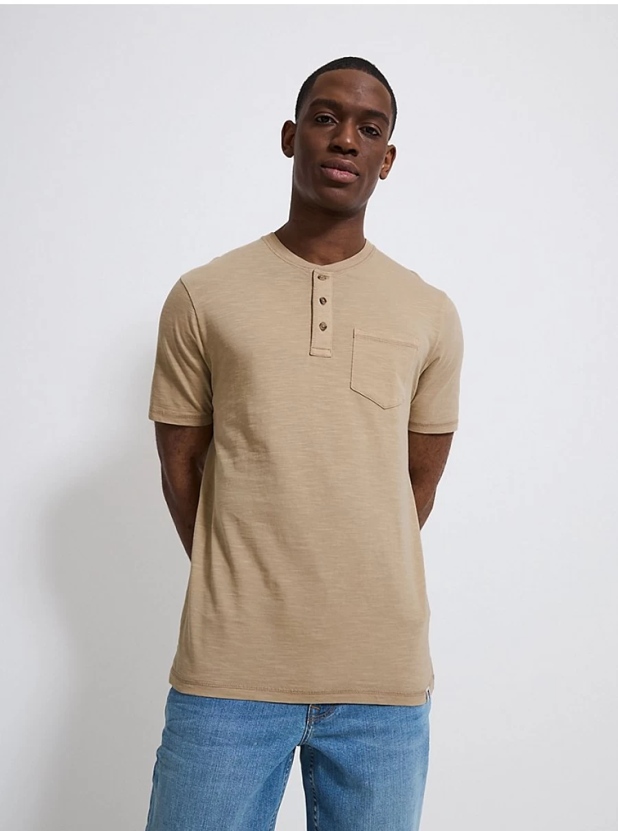 Men's Beige Slub Textured Henley Neck Pocket T-Shirt | George at Asda