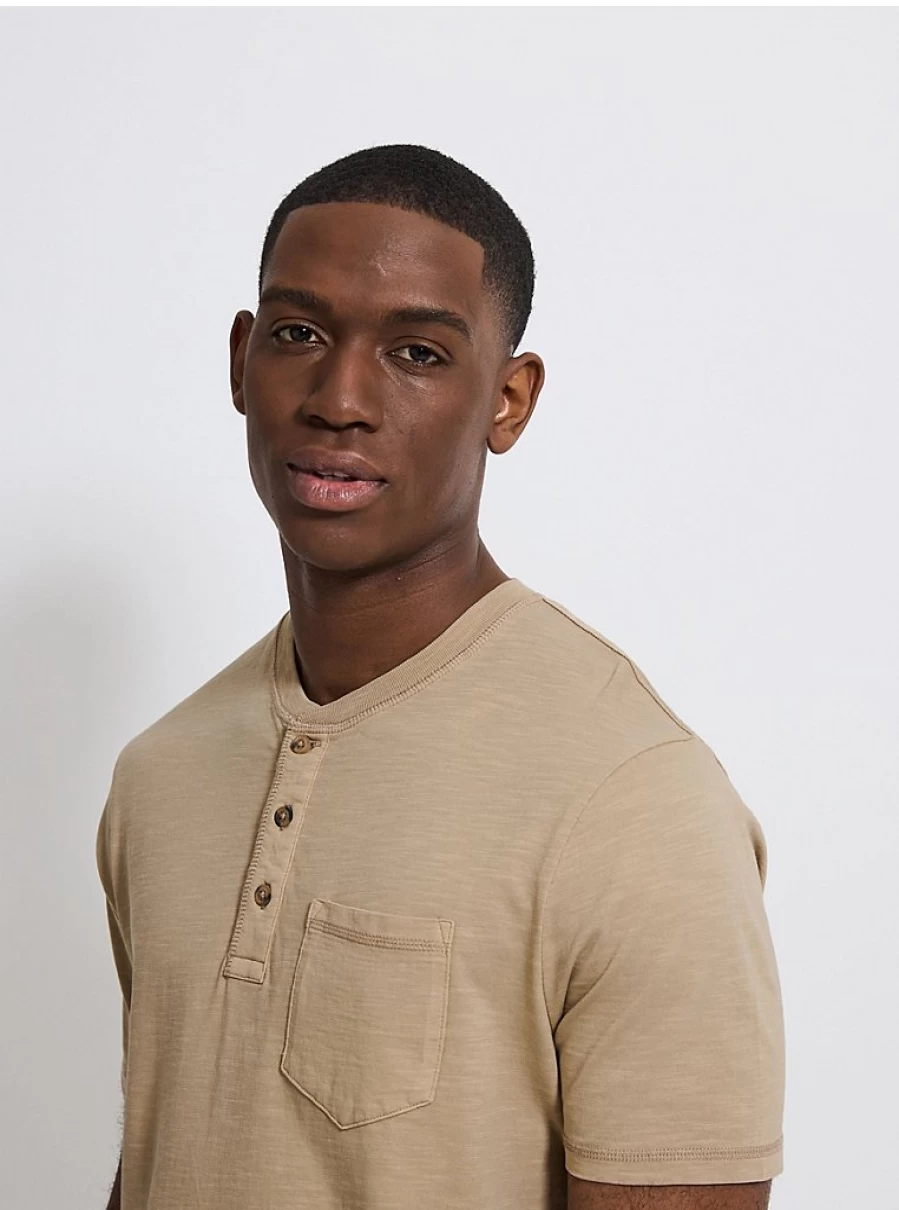 Men's Beige Slub Textured Henley Neck Pocket T-Shirt | George at Asda