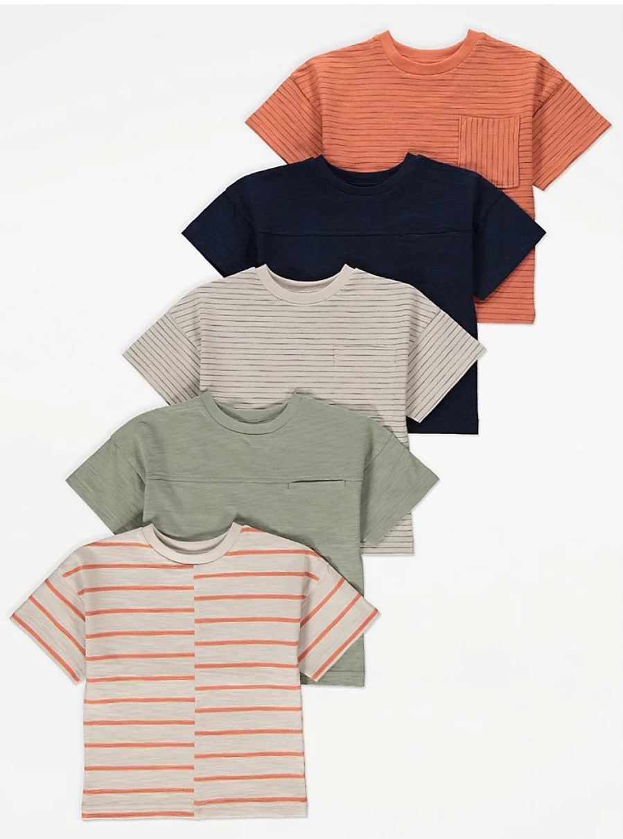"George at Asda Boys' Orange Stripe Oversize T-Shirt 5 Pack – Comfortable Kids' Casual Tees"