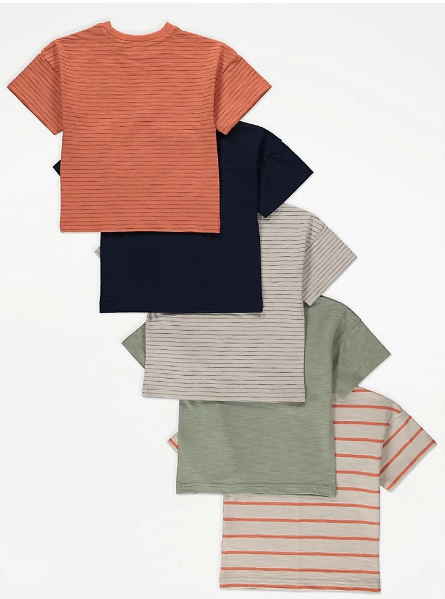 "George at Asda Boys' Orange Stripe Oversize T-Shirt 5 Pack – Comfortable Kids' Casual Tees"