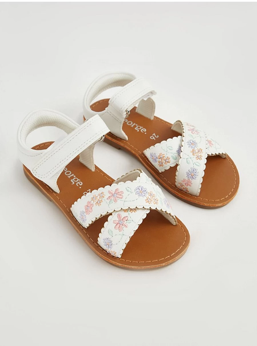 Girls' White Floral Embroidered Sandals | George at Asda | Kids' Summer Shoes Review