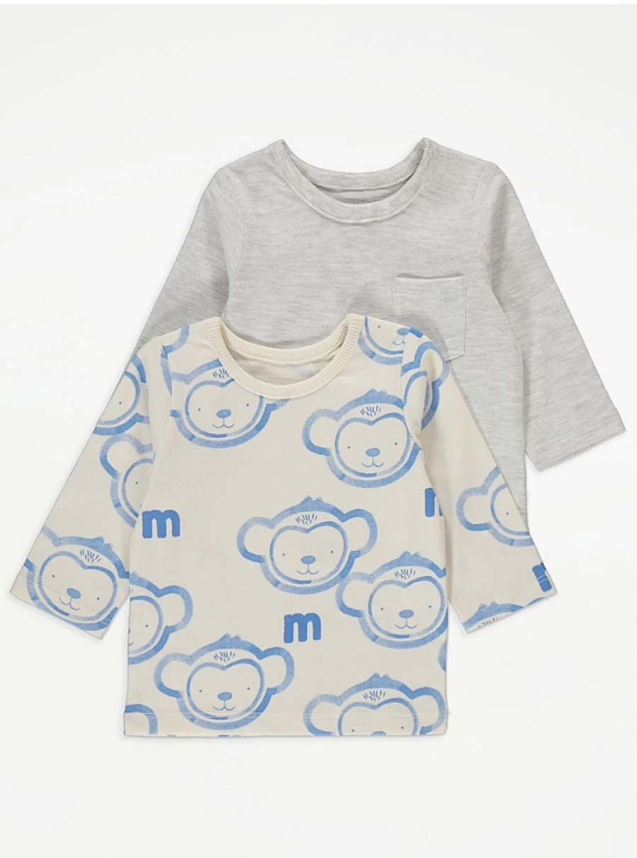 George at Asda Baby Boys' Monkey & Alphabet Print Long Sleeve Tops 2-Pack