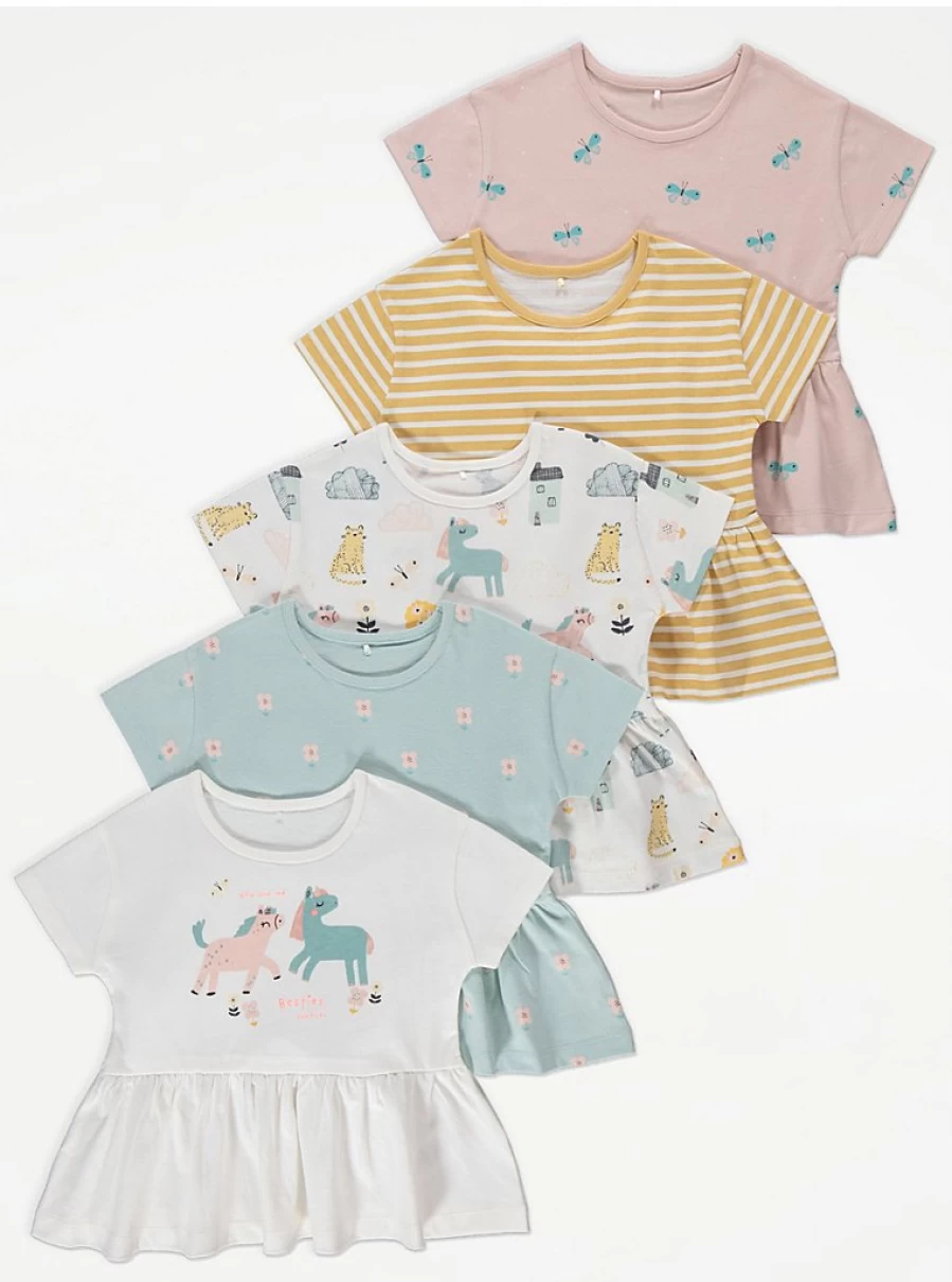 "George at Asda Girls' Unicorn Print Peplum Tops 5-Pack | Floral Kids T-Shirts"