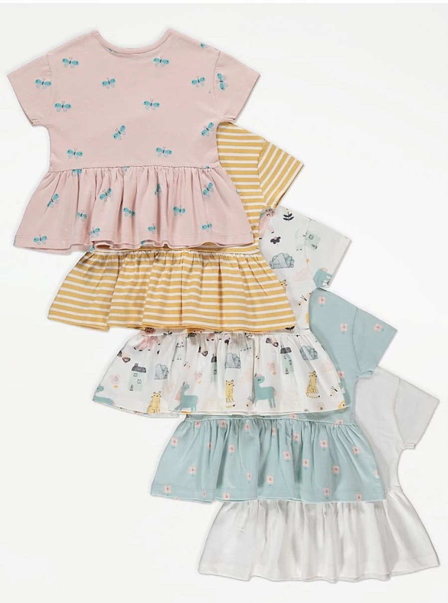 "George at Asda Girls' Unicorn Print Peplum Tops 5-Pack | Floral Kids T-Shirts"