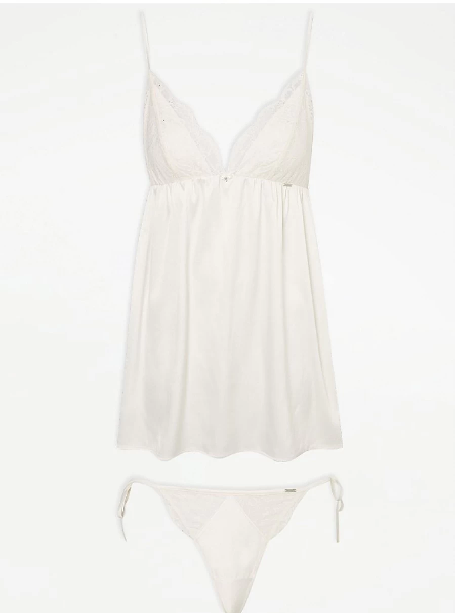 "George at Asda Women's Entice Cream Lace Cami Top and Thong Set | Bridal Lingerie Review"