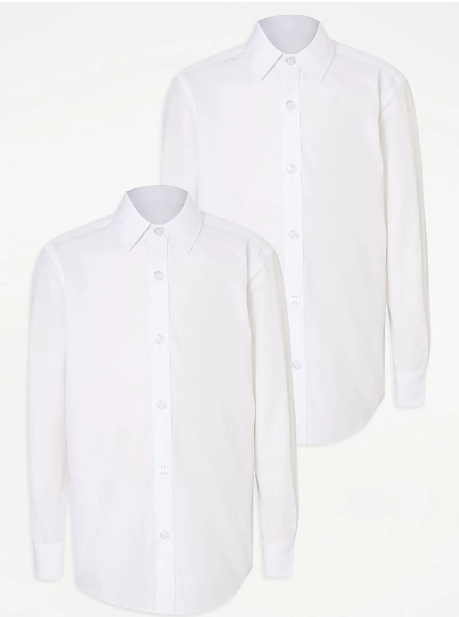 "George at Asda Boys' Non-Iron White Long Sleeve School Shirts 2-Pack – Comfort & Easy Care"