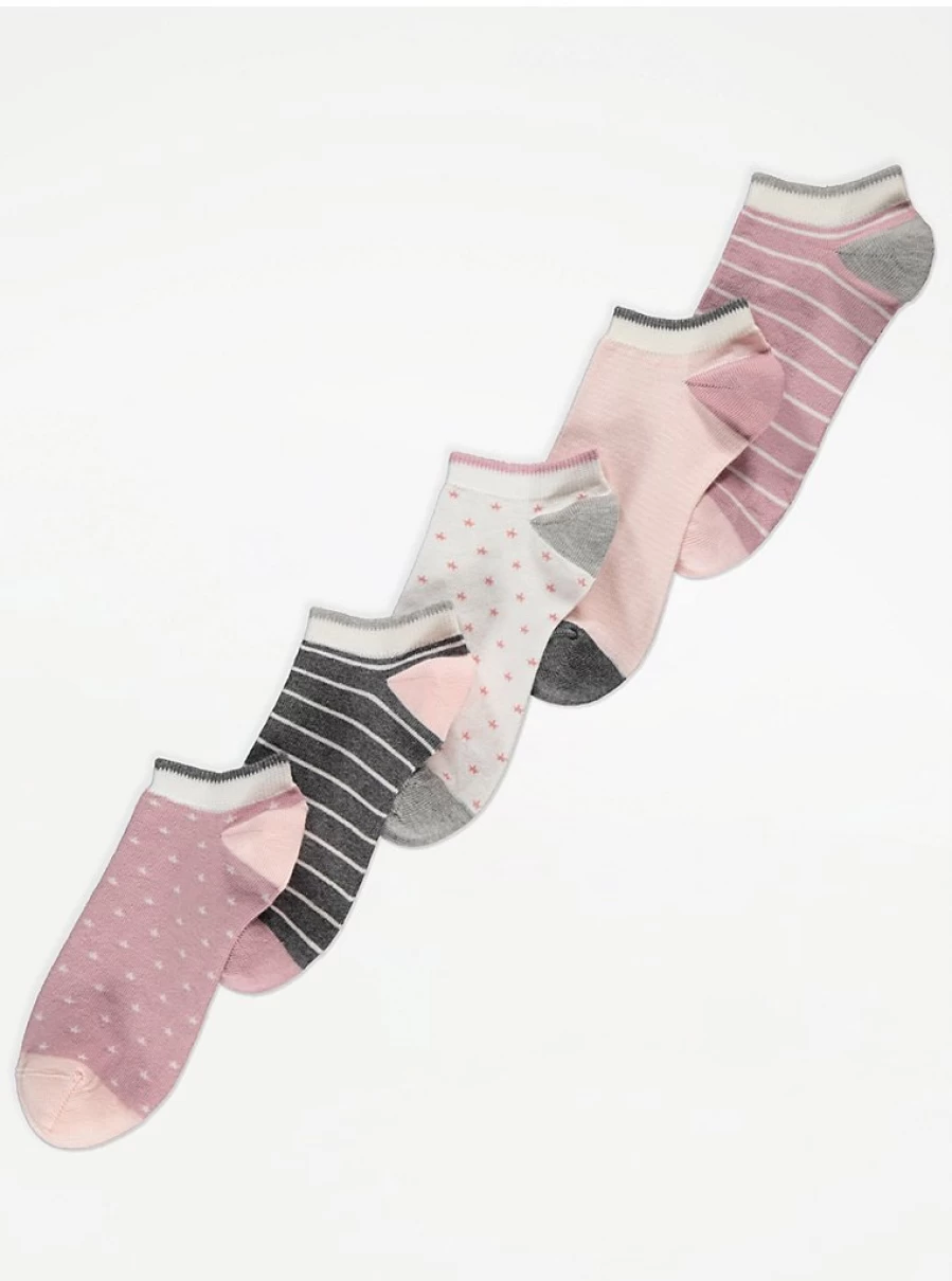 "George at Asda Pink Spot Stripe Trainer Liner Socks 5 Pack - Comfortable Women's Ankle Socks for Sports & Casual Wear"