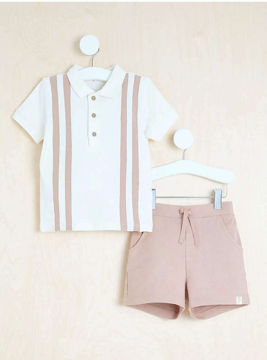 "George at Asda Boys' Neutral Striped Polo Top and Shorts Outfit – Comfortable Kids' Set"