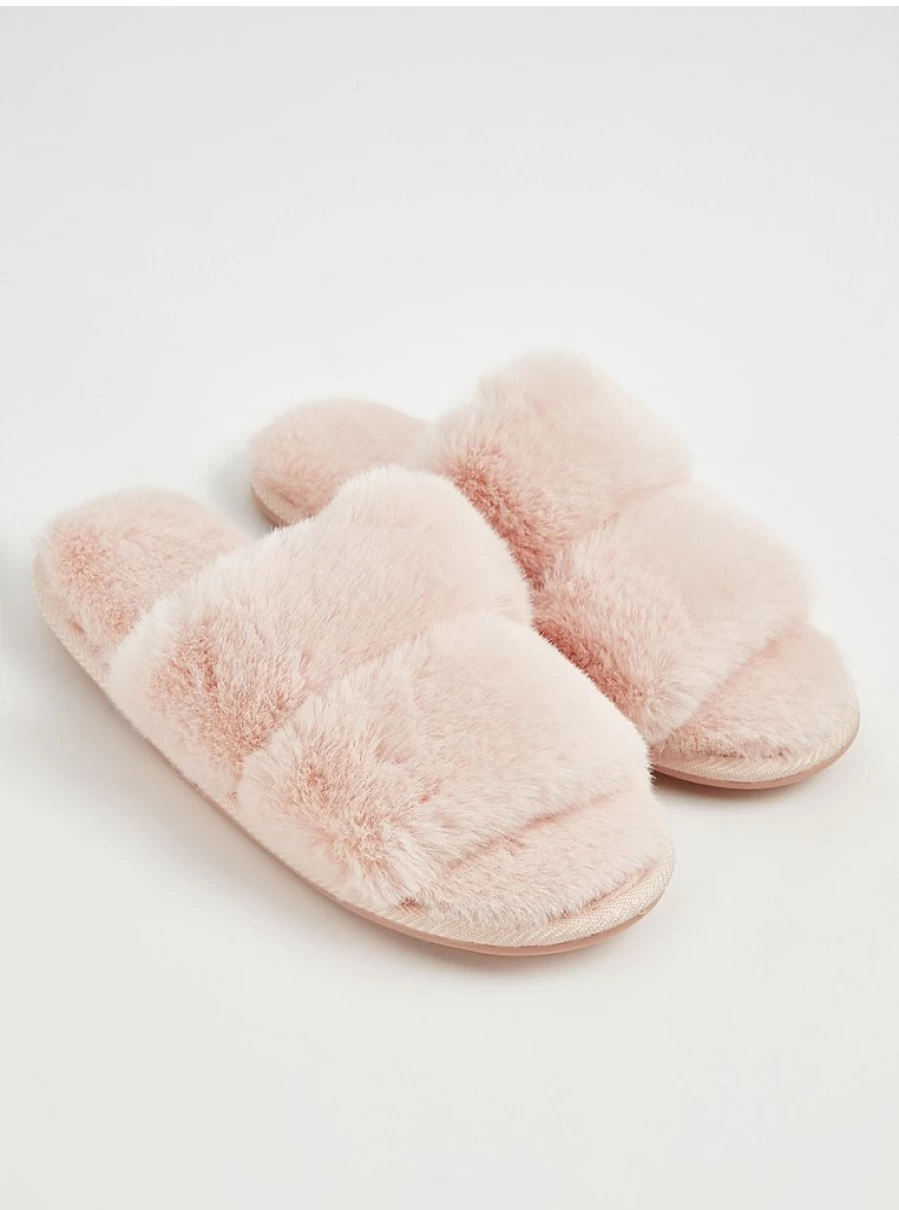 "George at Asda Light Pink Faux Fur Slide Slippers - Soft Lingerie Comfort"