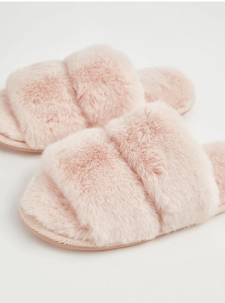 "George at Asda Light Pink Faux Fur Slide Slippers - Soft Lingerie Comfort"